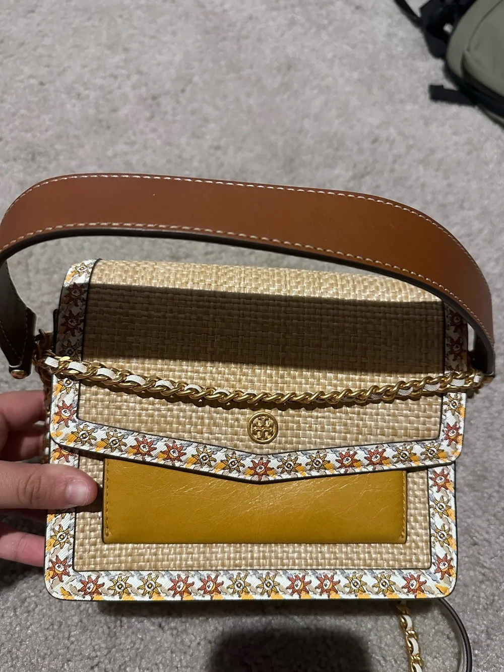 Tory Burch Womens Robinson Straw Convertible Shoulder Bag